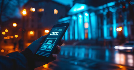 Hand Holding Smartphone Displaying CBDC App Interface with Glowing Building Illustration at Twilight - obrazy, fototapety, plakaty