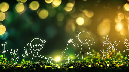 A white line art stick figure of girls with a smile on them face, He was watering the seeds of his small plants (line art) in the ground. The background is a bokeh effect flower garden 