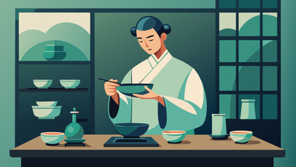 In a cozy tea room a connoisseur demonstrates the traditional Chinese od of preparing tea using a gaiwan. The small lidded bowl is used to - obrazy, fototapety, plakaty