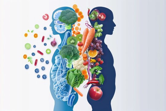 A person are shown with a large variety of fruits and vegetables surrounding them. The image is meant to convey the importance of a healthy diet..