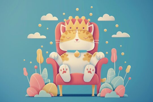 A cartoon cat is sitting on a red chair with a crown on its head. The cat is wearing a collar and he is resting. The image has a whimsical and playful mood, with the cat looking like a king or prince