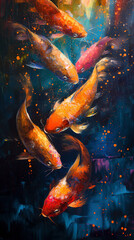 painting of koï fish pond swimming in an abstract colorful pond, zen relax emotion,