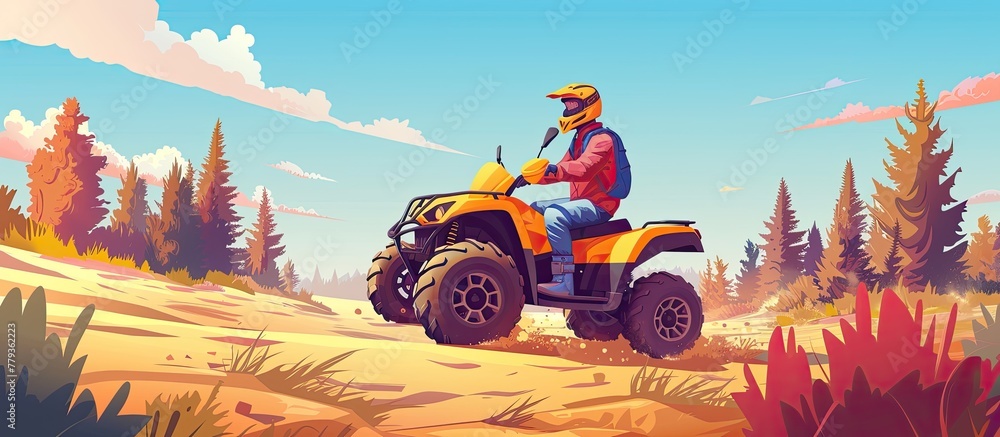 Canvas Prints the man is riding an atv with rugged tires through a dirt road surrounded by trees under a cloudy sk