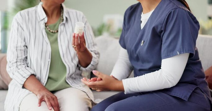 Older woman, nurse or pills in healthcare, support or question of wellness, medicine or trust in box. Female pensioner, health worker or container of medicare in pharmaceutical conversation on sofa