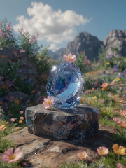 Flowers in crystals on a rock with a mountainous background. Generative ai