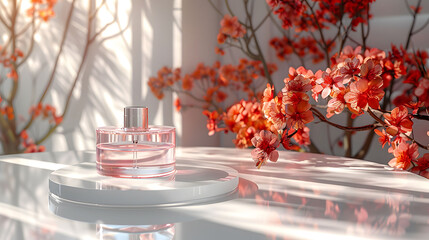 podium with cosmetics mockup. Deodorant or perfume container promo display podium, luxury cosmetics promotion platform composition realistic background with leaves shadows. Generative ai