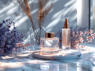 podium with cosmetics mockup. Deodorant or perfume container promo display podium, luxury cosmetics promotion platform composition realistic background with leaves shadows. Generative ai