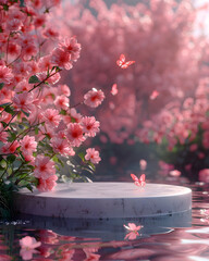 Fototapeta na wymiar Marble stone with copy space, used as a premium podium display area for cosmetics. The background resembles a mountain, with water and natural flower elements such as pink roses, Sakura. Generative ai