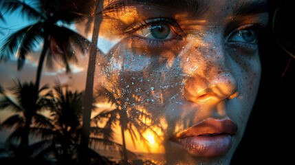 double exposure. of the face of the model and a palm tree sunset 