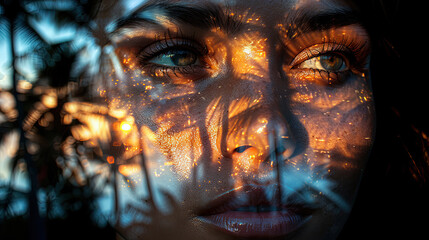 double exposure. of the face of the model and a blurred  palm tree sunset 