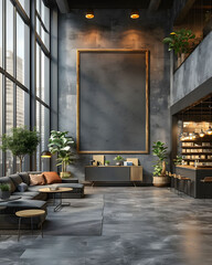 Loft-style high-ceiling living room with a spacious layout and mockup large-scale imagery, Generative ai