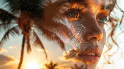 double exposure. of the face of the female model and a palm tree and sky sunset 