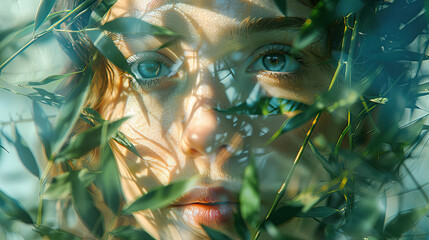 woman with green eyes  in the bamboo forest