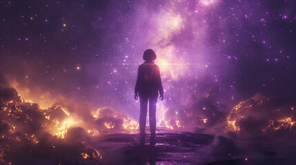 Obraz premium outine of a digital female human form against the backdrop of the milky way galaxy