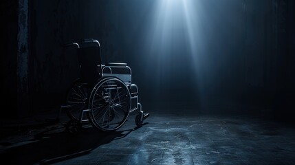 dramatic photograph of wheelchair stands in lightened corner of dark room 