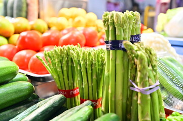 Taiwan - Jan 18, 2024: Close-up of asparagus at a market stall. This nutritious vegetable is packed...