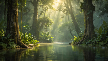 Mystical jungle scene with morning rays