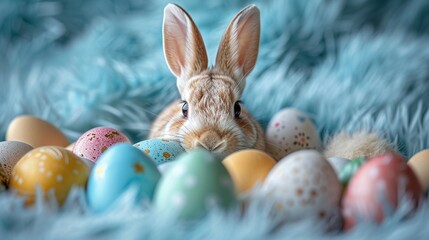 Rabbit peeking over colorful eggs, front angle, soft lighting, top copy space, joyful scene ,Hyper realistic photography