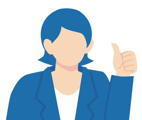 サムズアップをする紺色スーツの女性