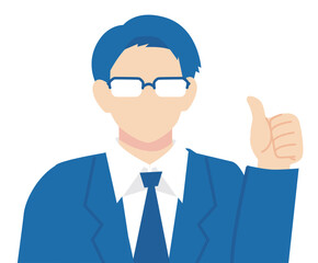 サムズアップをする紺色スーツのメガネ男性