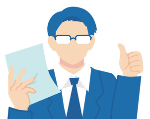 書類を持った紺色スーツのメガネの男性