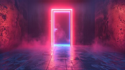 Shimmering neon door in a glossy hallway, future setting, evening, wide shot ,3D render