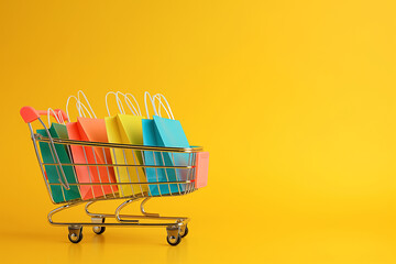 Shopping cart with colorful bags on a yellow background. Retail and consumerism concept. Ideal for promotional materials, sale campaigns, or online shopping services with space for text ,generative ai