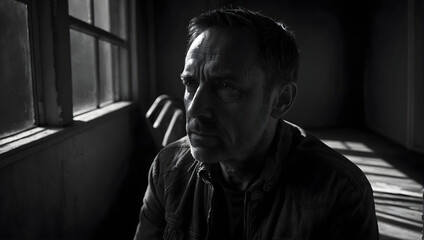 A person sitting alone in a dimly lit room, with a close-up of a stress preson's weathered face, surrounded by shadows, with a pensive expresssion reflecting feelings of depression.