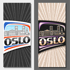 Vector vertical layouts for Oslo, decorative leaflet with outline illustration of european oslo city scape on day and dusk sky background, art design tourist card with unique lettering for text oslo