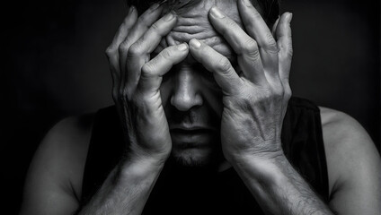 A person's hands holding their head in anguish, copy space, conveying the overwhelming emotions of depression. Awareness about depression and mental health issue.
