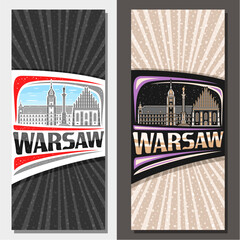 Vector vertical layouts for Warsaw, decorative leaflet with line illustration of european warsaw city scape on day and dusk sky background, art design tourist card with unique letters for word warsaw - obrazy, fototapety, plakaty
