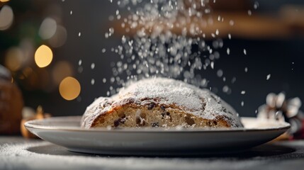 A white plate holding a stollen cake covered in powdered sugar - obrazy, fototapety, plakaty