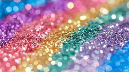 Detailed view of a rainbow-colored glitter background, showcasing bright and sparkling textures