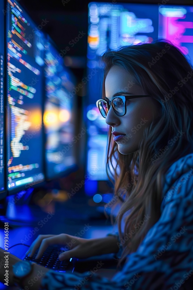 Aufkleber female software engineer working intensely on multiple computer screens at night