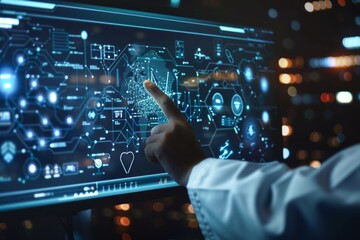 Professional Analyzing Advanced Digital Security Interface in Dark Office Setting