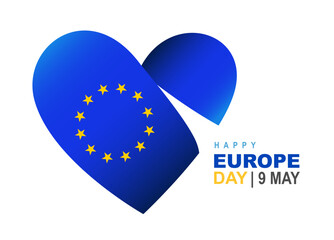 Big blue heart with 12 five-pointed yellow stars is a symbol of the flag of Europe. Happy Europe Day on May 9th. Vector illustration