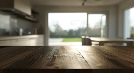 A blurred view of a table in a kitchen setting, with indiscernible details due to motion or focus issues