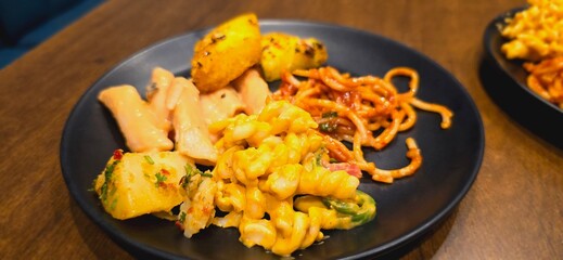Close up shot of Delicious food dish. Food Dish of past and noodles.