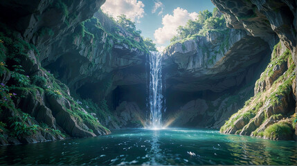 Beautiful view of a waterfall in the middle of a canyon desktop wallpaper - obrazy, fototapety, plakaty