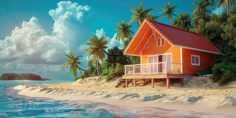 Construction investment cottage renting loan resort home building on shore. Wooden model house on ocean sea shore beach. Own eco-friendly property family lifestyle and business real estate concept