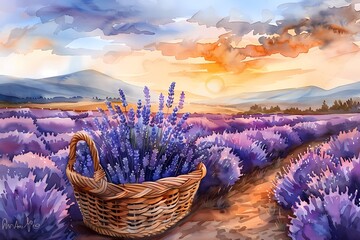  Landscape Oil painting in moody vintage farmhouse style features lavender  flower field  wall art, digital art prints, home decor - obrazy, fototapety, plakaty