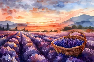 Selbstklebende Fototapeten  Landscape Oil painting in moody vintage farmhouse style features lavender  flower field  wall art, digital art prints, home decor © Wipada