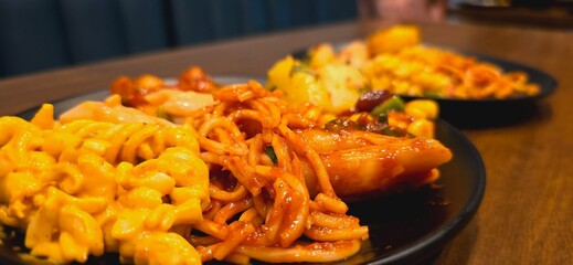 Close up shot of Delicious food dish. Food Dish of past and noodles.
