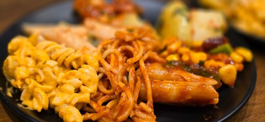 Close up shot of Delicious food dish. Food Dish of past and noodles.