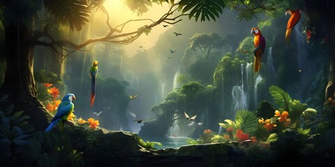 A parrot in the jungle with the sun shining on it
