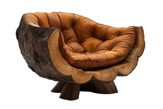 Wooden chair made of stump with comfortable cushion isolated on transparent background. Rustic style interior