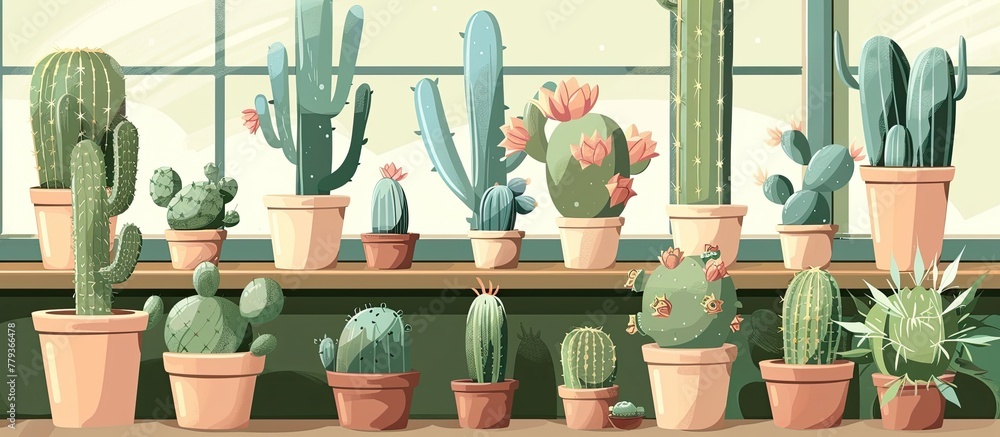 Poster various types of cacti are displayed in flowerpots on a table, creating a picturesque snapshot of ho