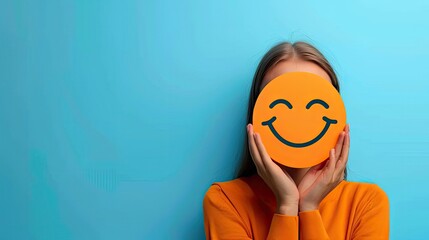 Happy mixed Asian teen girl holding smile emoji face, positive mental health concept. little happy girl standing on sky background With yellow smiling emoji or smiley instead her face