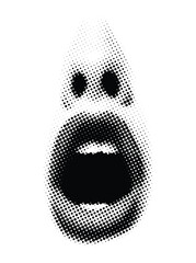 Vector illustration in a retro pop art comic style featuring a wide-open mouth in black and white with dotted halftone shading.