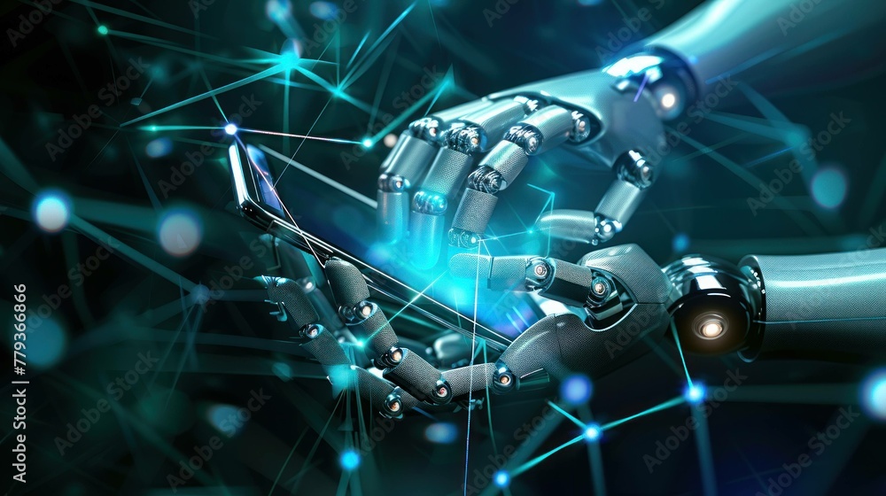 Poster abstract background hand robot touch digital and phone